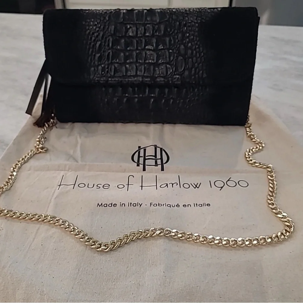 House of Harlow 1960 Black Croc-Embossed Clutch  with gold chain strap nwt